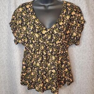 Sim & Sam Black Lg Babydoll Tunic Top Pink Floral Flowers Vines Fairygrunge